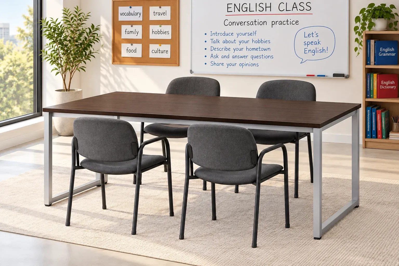 Mesa Ciprés cuadrada, en ambiente, ambientación digital