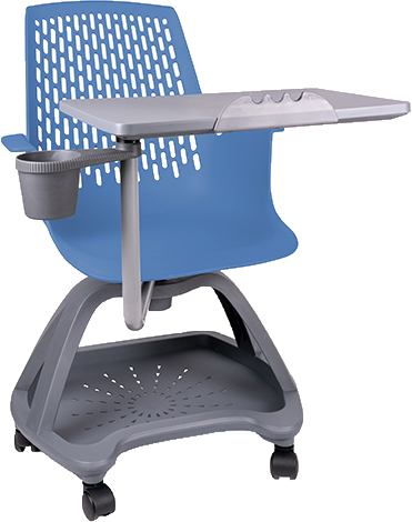 Pupitre Blow azul del catálogo TABORIA, con paleta de escritura y espacio inferior.
