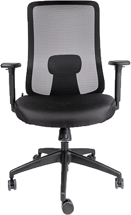 Silla ejecutiva Crew negra del catálogo TABORIA, con respaldo de malla, brazos y base con ruedas.