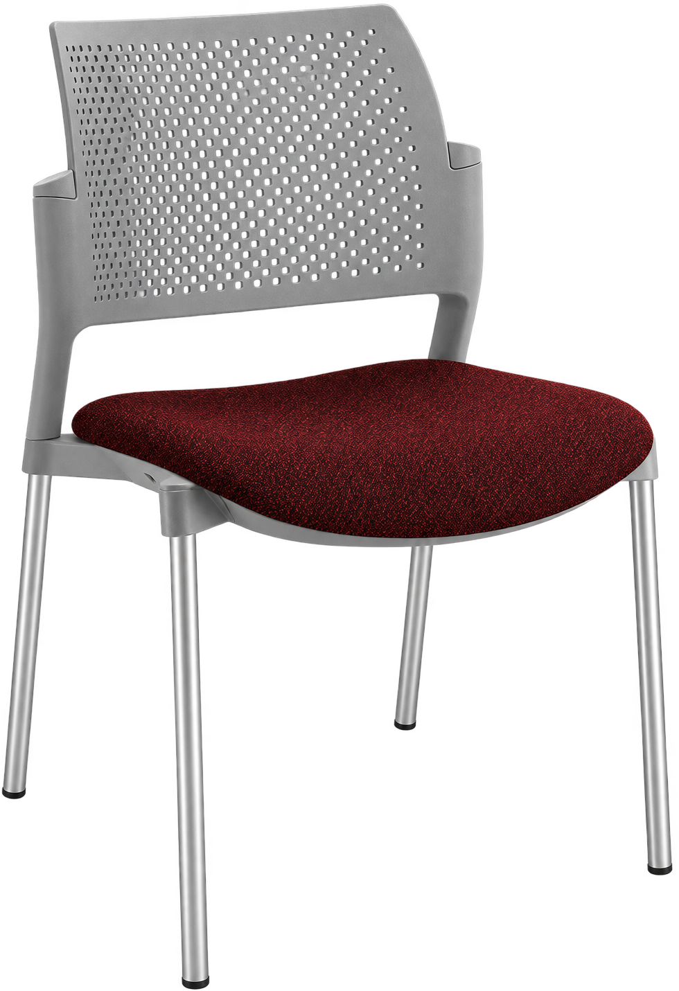 Kyos con respaldo gris perforado, tapiz de fibras rojas y negras mezcladas y cuatro patas plateadas, sin brazos ni rodajas.