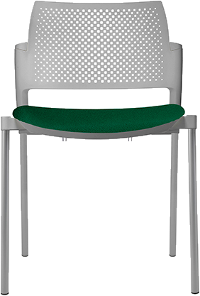 Silla Kyos del catálogo TABORIA, con respaldo perforado claro y asiento verde.