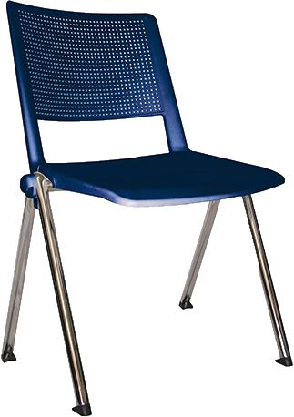 Silla Revolution azul del catálogo TABORIA, con respaldo perforado y cuatro patas.